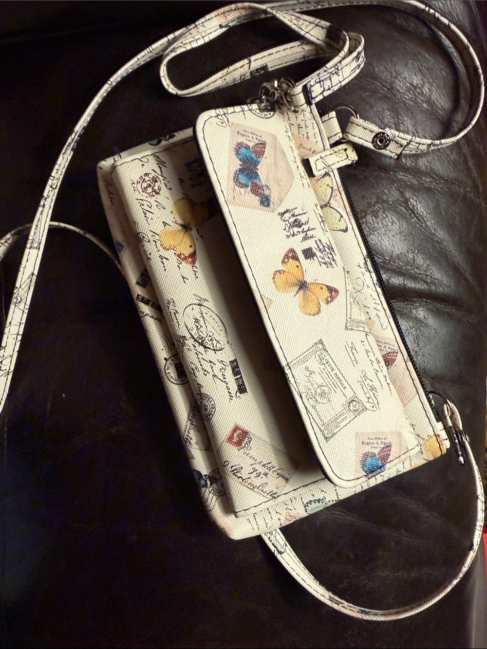 Cream Butterfly Print Crossbody Bag with Adjustable Strap